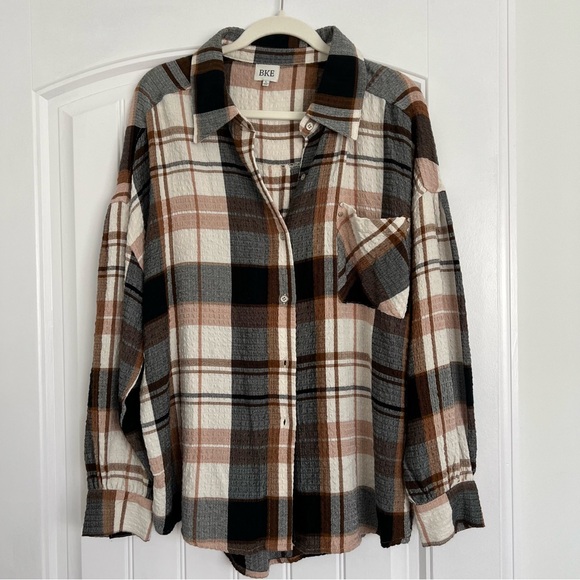 BKE Tops - BKE Women’s Brown/Black and Cream Plaid Lightweight Waffle Knit Button Up Shirt